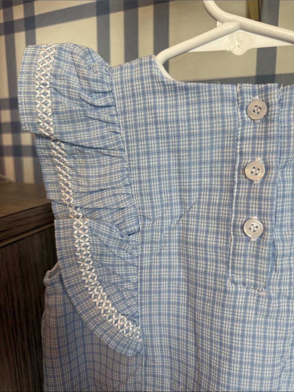 Light Blue Checked Embroidered Ruffle-Sleeve Kids Dress - 5 - Picture 6 of 8